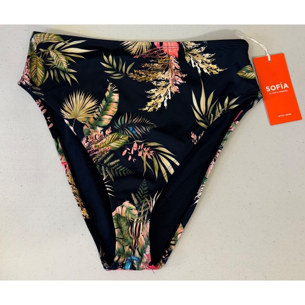 Sofia Vergara Bikini Bottom Women M Black Tropical Floral Cheeky High‎ Waist NEW